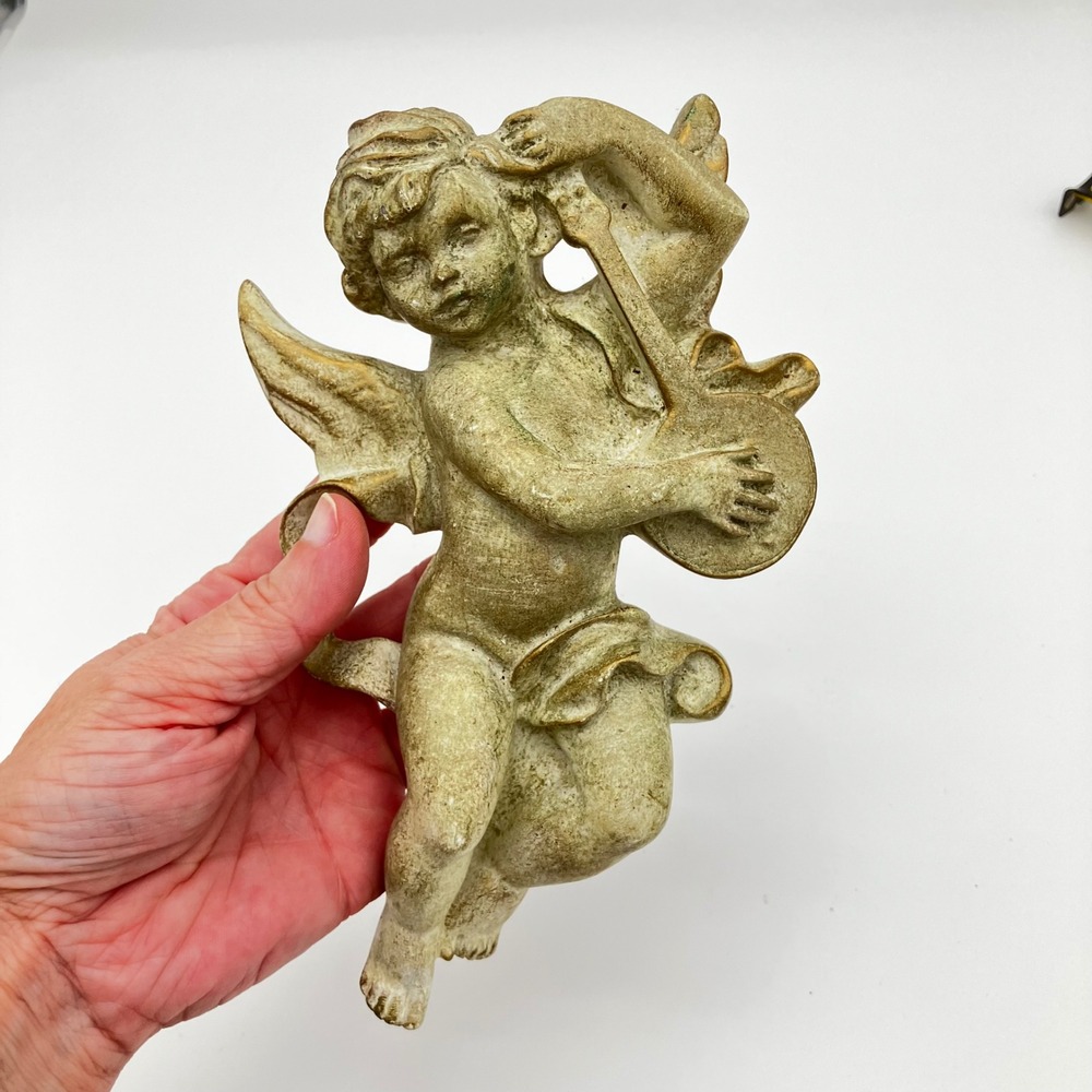 Vintage Cherub Angel Wall Plaque 8" Gold Gilded Resin Musical Lute Decor - Picture 8 of 9